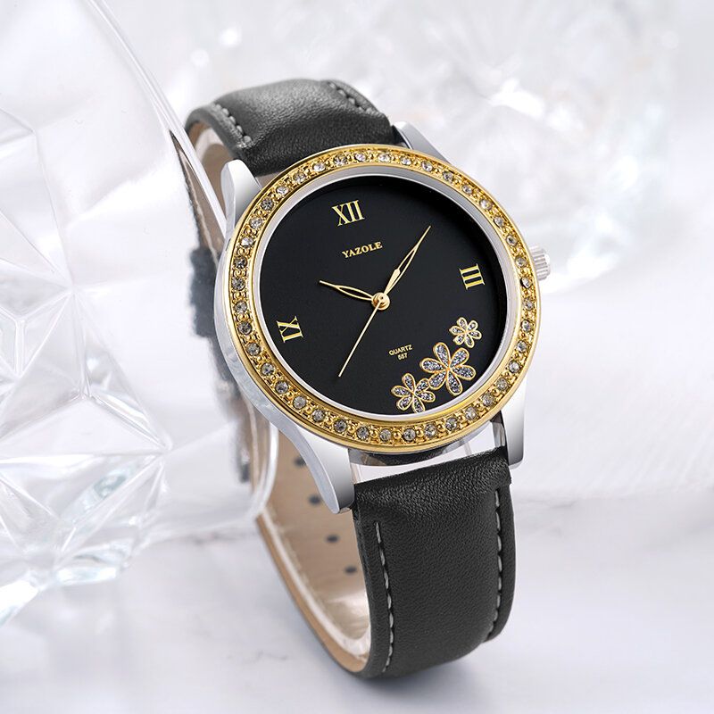 Art-und Weiseelegante Blumen-rhinestone-dekorations-zifferblatt-echtes Leder-bügel-3atm Wasserdichte Weibliche Armbanduhr-quarz-uhr