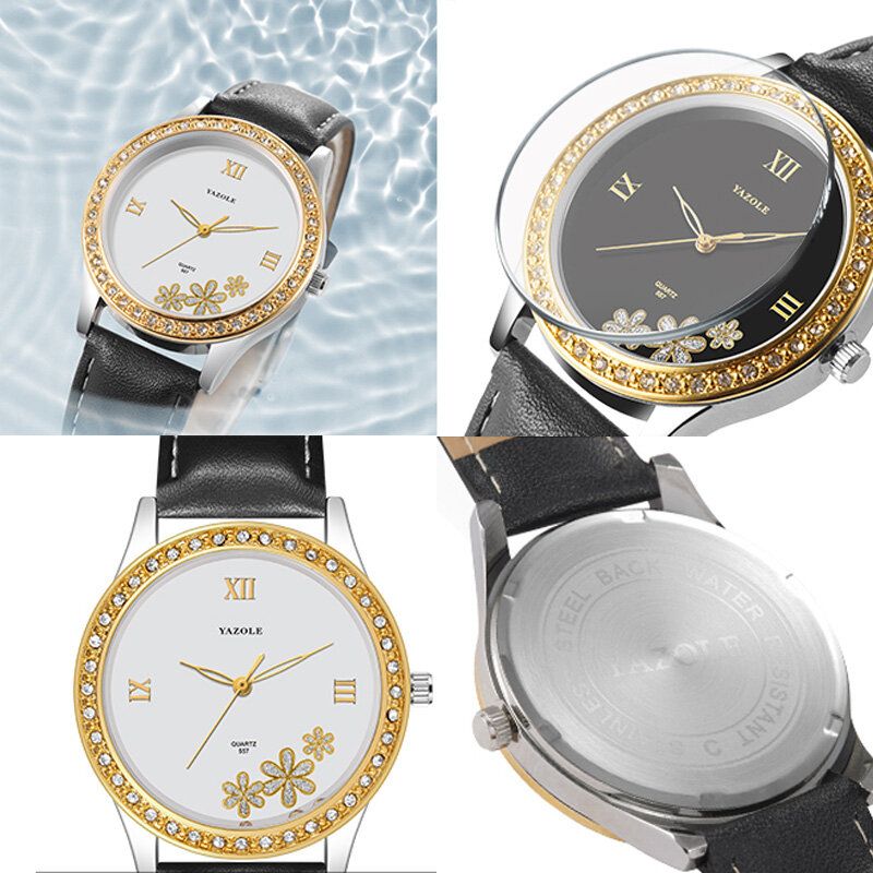 Art-und Weiseelegante Blumen-rhinestone-dekorations-zifferblatt-echtes Leder-bügel-3atm Wasserdichte Weibliche Armbanduhr-quarz-uhr