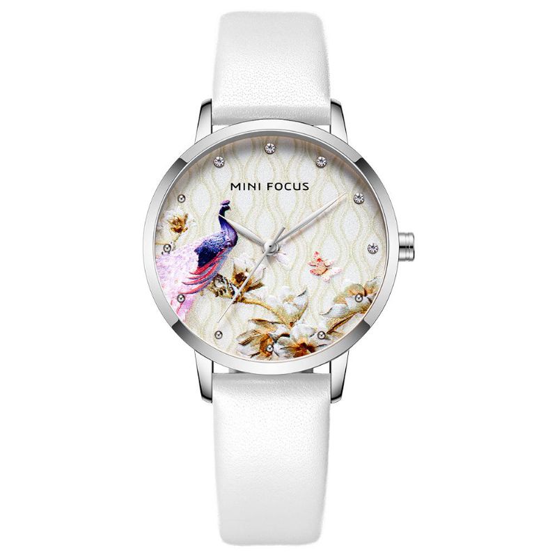 Art-und Weisefrauen-pfau-blumen-muster-echtes Leder-quarz-uhr