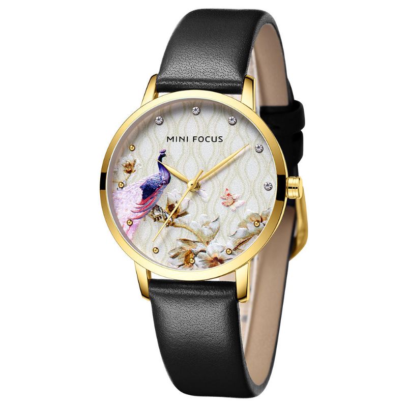 Art-und Weisefrauen-pfau-blumen-muster-echtes Leder-quarz-uhr