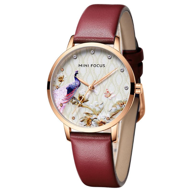 Art-und Weisefrauen-pfau-blumen-muster-echtes Leder-quarz-uhr