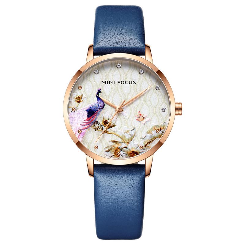 Art-und Weisefrauen-pfau-blumen-muster-echtes Leder-quarz-uhr