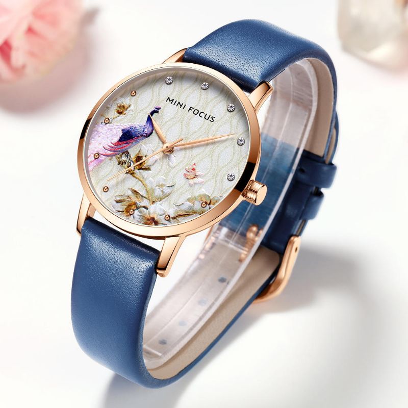 Art-und Weisefrauen-pfau-blumen-muster-echtes Leder-quarz-uhr