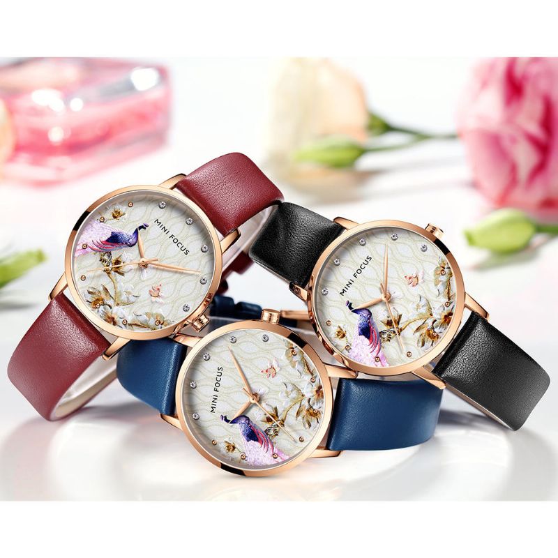 Art-und Weisefrauen-pfau-blumen-muster-echtes Leder-quarz-uhr