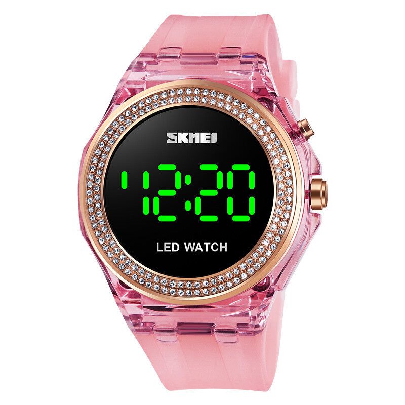 Art-und Weisefrauen-uhr-diamant-vorwahlknopf-transparenter Pu-bügel-leuchtende Anzeigen-dame Digital Watch