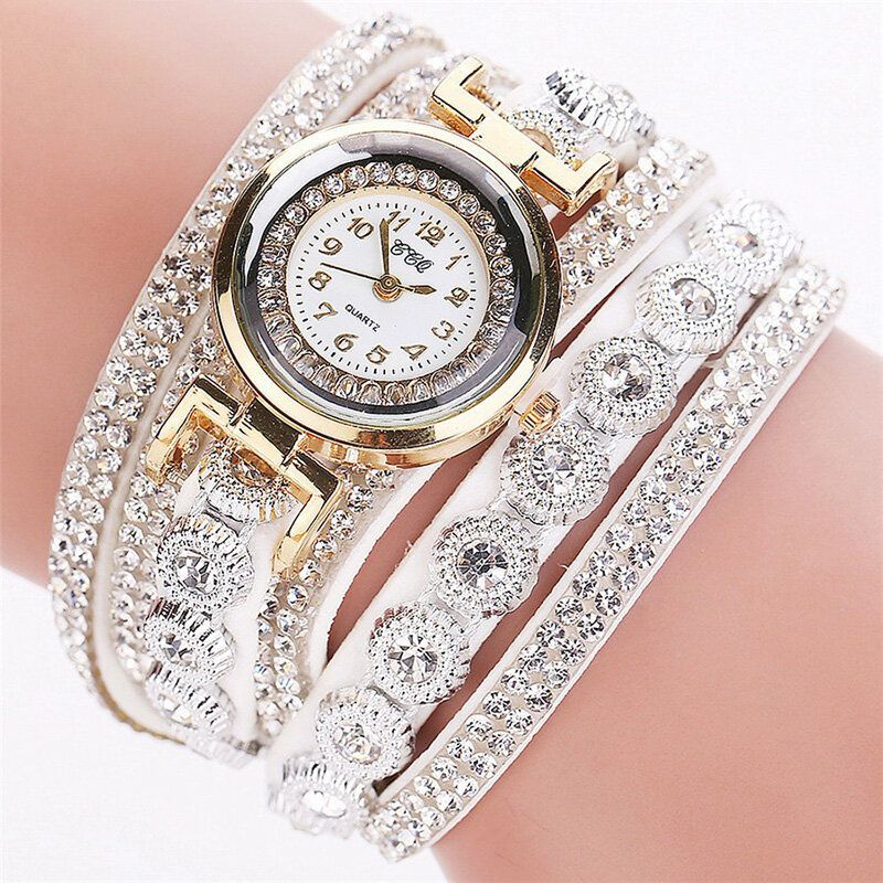 Art-und Weiseluxuxrhinestone-pu-leder-band-frauen-quarz-armband-uhr