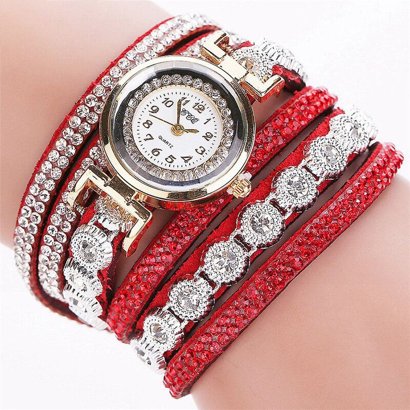 Art-und Weiseluxuxrhinestone-pu-leder-band-frauen-quarz-armband-uhr