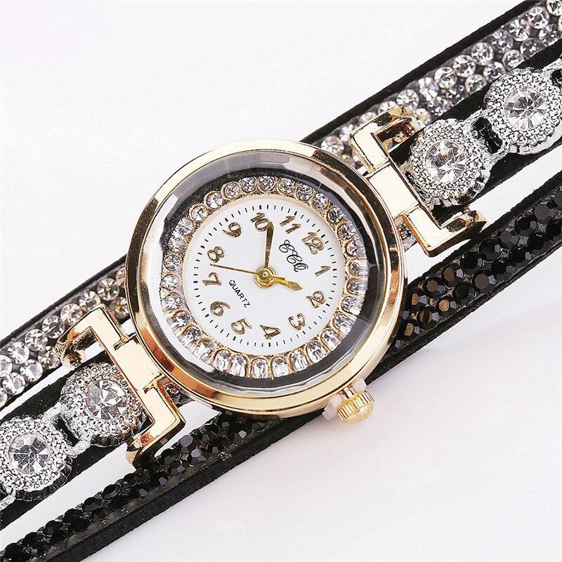 Art-und Weiseluxuxrhinestone-pu-leder-band-frauen-quarz-armband-uhr