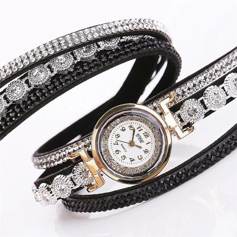 Art-und Weiseluxuxrhinestone-pu-leder-band-frauen-quarz-armband-uhr