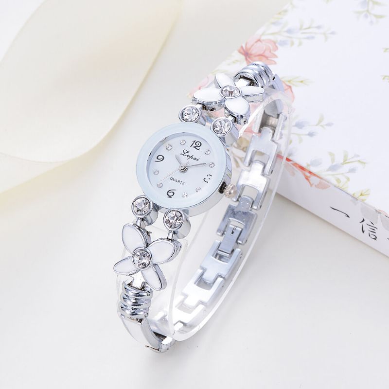 Blumen-kleid-damen-armband-uhr-kristalldiamant-kleines Vorwahlknopf-quarz-uhr