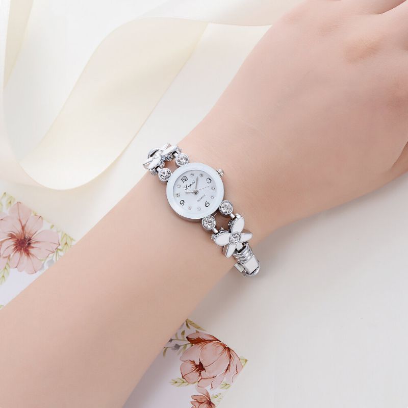 Blumen-kleid-damen-armband-uhr-kristalldiamant-kleines Vorwahlknopf-quarz-uhr