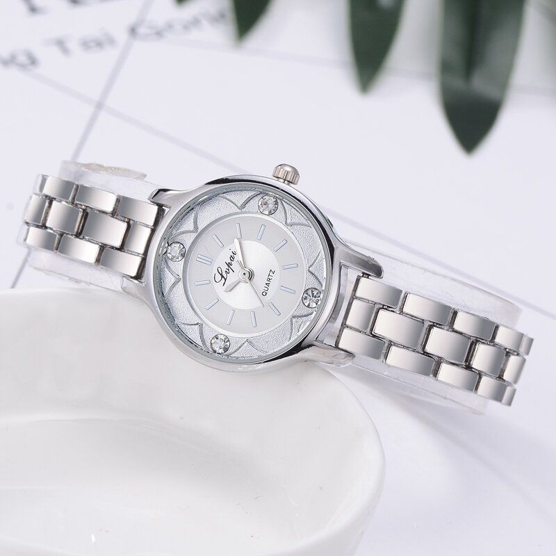 Blumendruck-zifferblatt-damen-armbanduhr-legierungs-diamant-quarz-uhr