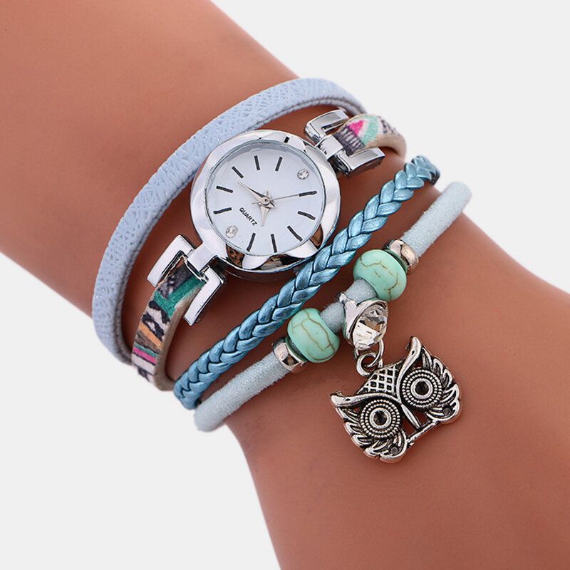 Böhmische Niedliche Eulen-leder-armband-uhr-ethnische Metallrhinestone-mehrschichtige Armbanduhren