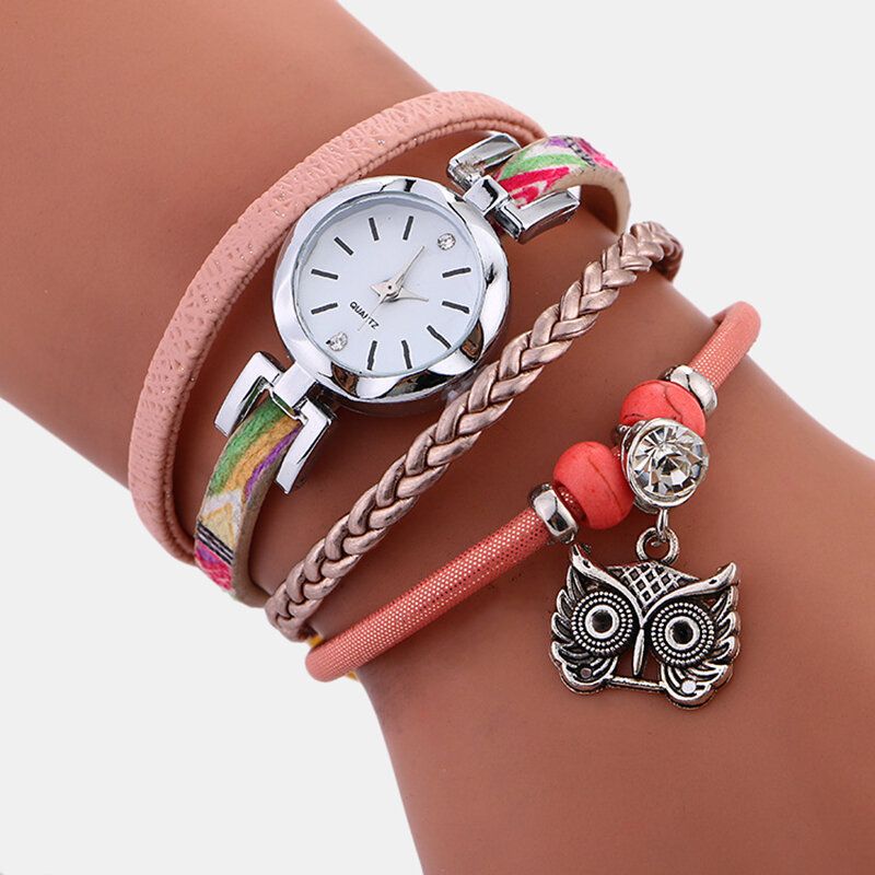 Böhmische Niedliche Eulen-leder-armband-uhr-ethnische Metallrhinestone-mehrschichtige Armbanduhren