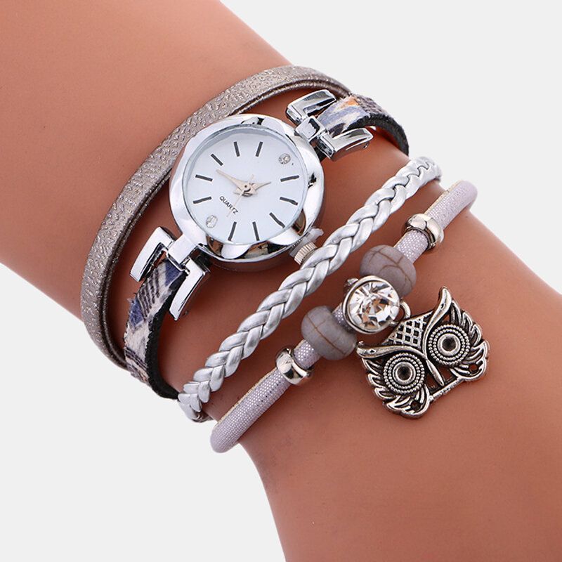 Böhmische Niedliche Eulen-leder-armband-uhr-ethnische Metallrhinestone-mehrschichtige Armbanduhren