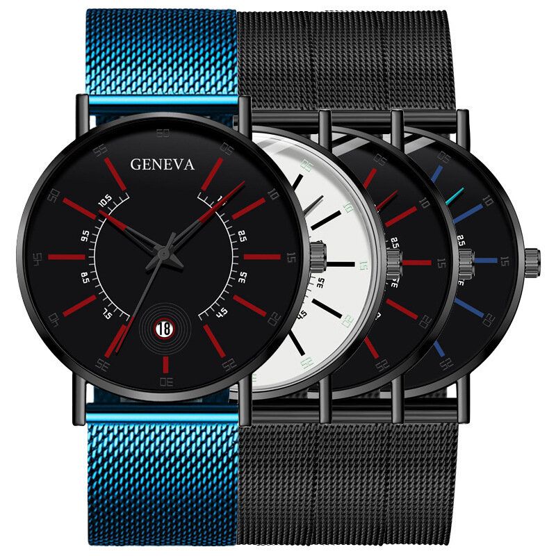 Business Casual Colored Pointer Dial Mit Kalender Legierung Mesh Strap Herren Quarzuhr