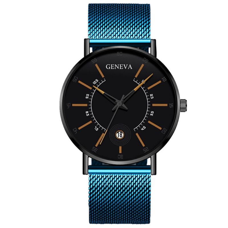 Business Casual Colored Pointer Dial Mit Kalender Legierung Mesh Strap Herren Quarzuhr