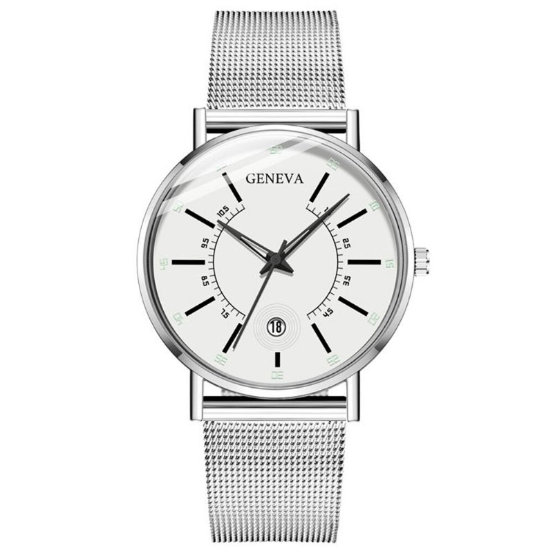 Business Casual Colored Pointer Dial Mit Kalender Legierung Mesh Strap Herren Quarzuhr