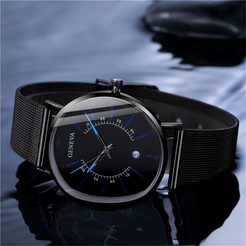 Business Casual Colored Pointer Dial Mit Kalender Legierung Mesh Strap Herren Quarzuhr