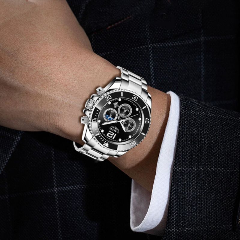 Business Casual Multifunktionaler Leuchtzeiger Mit Kleinen Zifferblättern Chronograph Edelstahlarmband 3atm Wasserdichte Herren-quarzuhr Armbanduhr