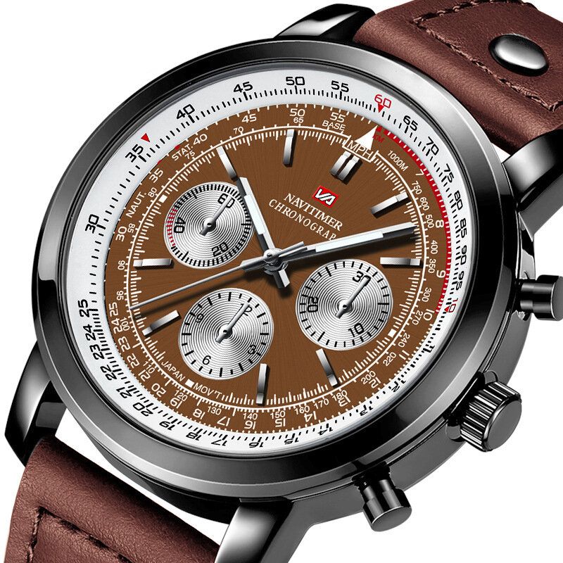 Business Chronograph Mit Großem Zifferblatt Und Echtem Lederarmband Wasserdichte Herren-quarzuhr