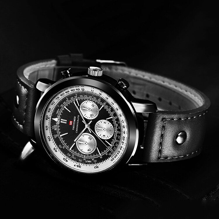 Business Chronograph Mit Großem Zifferblatt Und Echtem Lederarmband Wasserdichte Herren-quarzuhr