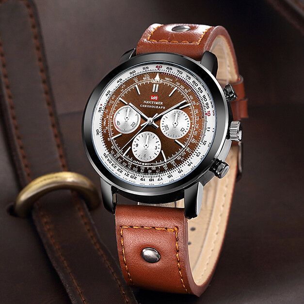 Business Chronograph Mit Großem Zifferblatt Und Echtem Lederarmband Wasserdichte Herren-quarzuhr