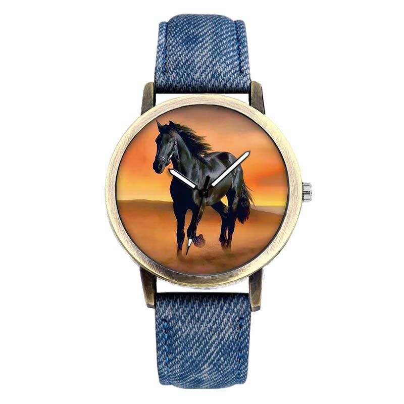 Casual Black Horse Desert Dial Allgleiches Denim Strap Herren Quarzuhr Armbanduhr