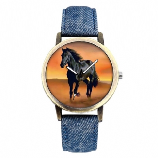 Casual Black Horse Desert Dial Allgleiches Denim Strap Herren Quarzuhr Armbanduhr