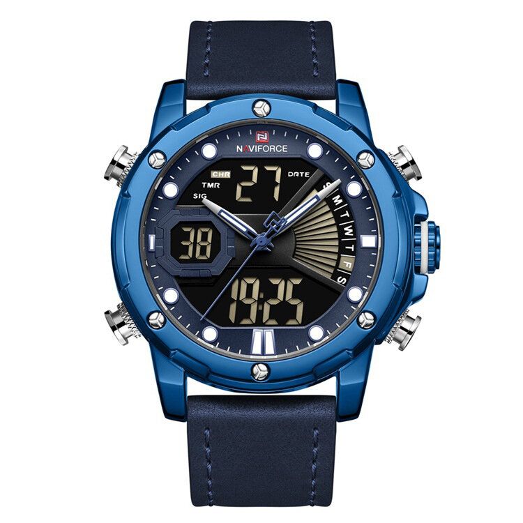 Casual Luminous Pointer Kalender Alarm Stoppuhr Dual Time Display Echtes Lederband 3 Atm Wasserdichte Herrenuhr Mit Dual Display