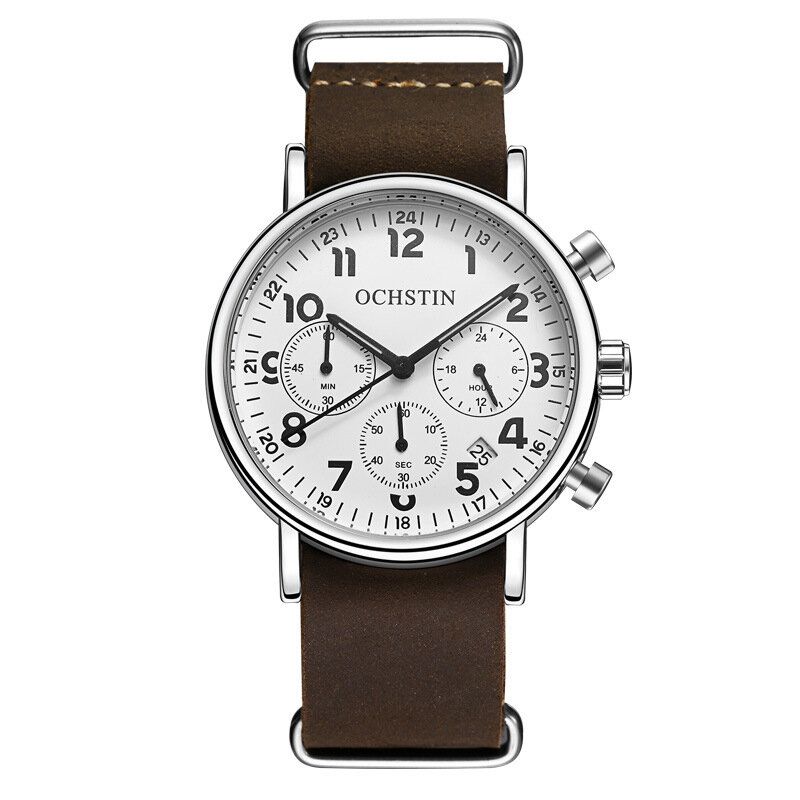 Chronograph Casual Style Herren Armbanduhr Echtes Lederband Quarzuhr