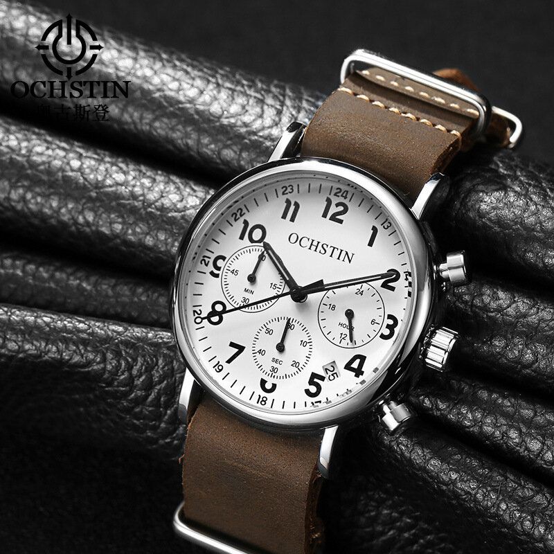 Chronograph Casual Style Herren Armbanduhr Echtes Lederband Quarzuhr