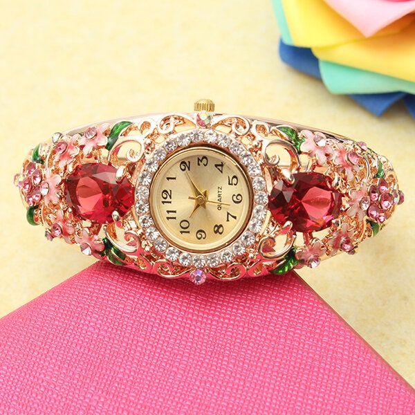 Damen-armbanduhr Im Retro-stil Blumen-diamant-quarzuhr