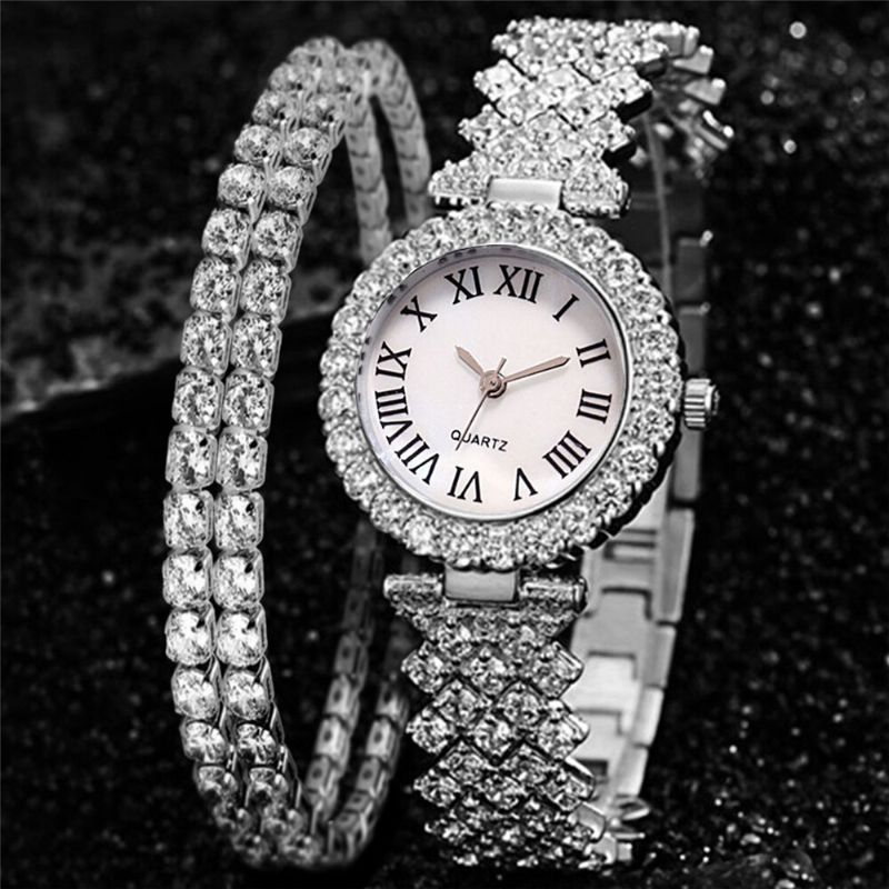 Damen-geschenkset 2 Stück Elegante Luxus-quarzuhr Diamantbesetztes Armband