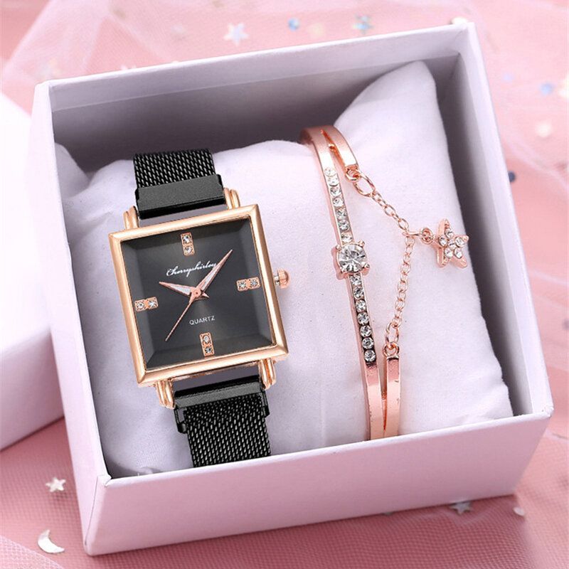 Damen-mode-uhr-set Kreatives Quadratisches Zifferblatt Magnetschnalle Edelstahl-mesh-band-frauen-quarz-uhr-elegantes Armband