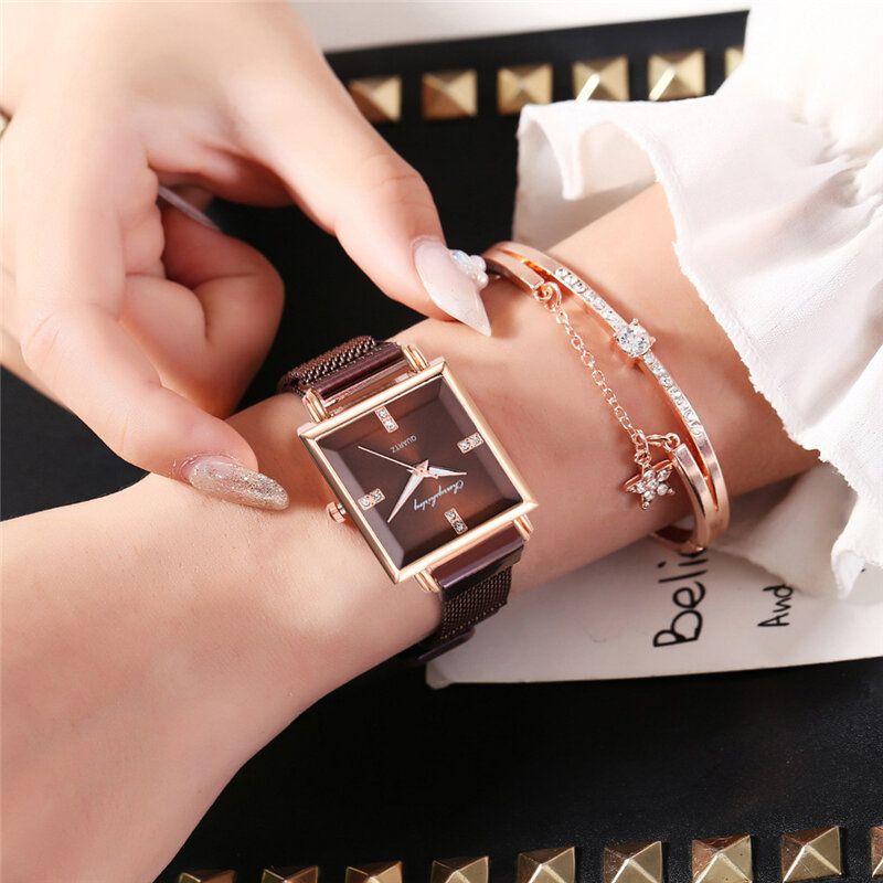 Damen-mode-uhr-set Kreatives Quadratisches Zifferblatt Magnetschnalle Edelstahl-mesh-band-frauen-quarz-uhr-elegantes Armband