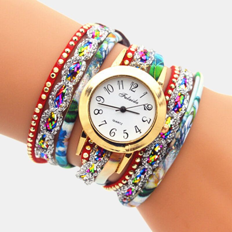 Deffrun Weinlese-bunte Druckfrauen-armband-uhr-mehrschichtige Metallrhinestone-pu-quarz-uhr