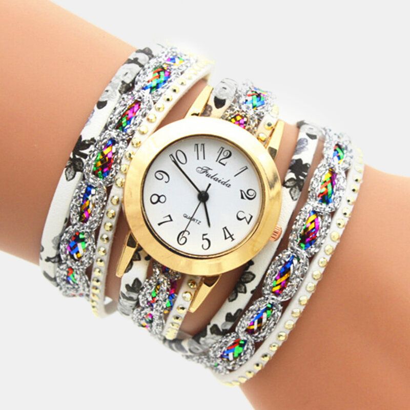 Deffrun Weinlese-bunte Druckfrauen-armband-uhr-mehrschichtige Metallrhinestone-pu-quarz-uhr