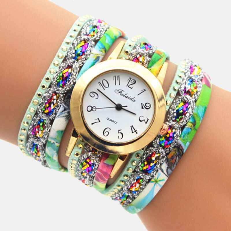 Deffrun Weinlese-bunte Druckfrauen-armband-uhr-mehrschichtige Metallrhinestone-pu-quarz-uhr