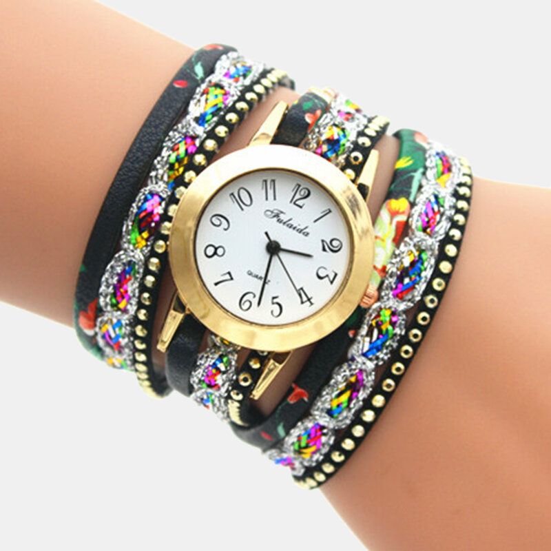 Deffrun Weinlese-bunte Druckfrauen-armband-uhr-mehrschichtige Metallrhinestone-pu-quarz-uhr