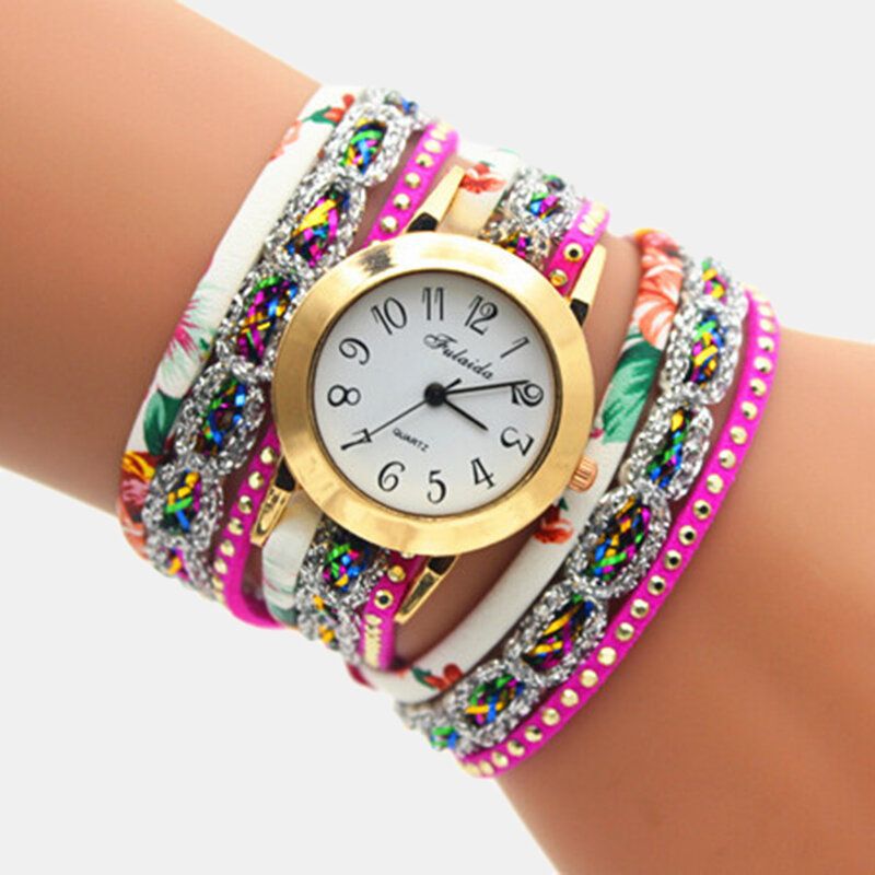 Deffrun Weinlese-bunte Druckfrauen-armband-uhr-mehrschichtige Metallrhinestone-pu-quarz-uhr