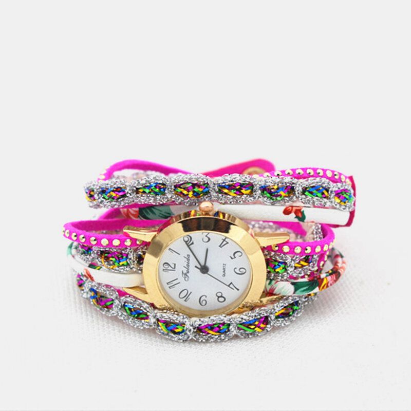 Deffrun Weinlese-bunte Druckfrauen-armband-uhr-mehrschichtige Metallrhinestone-pu-quarz-uhr