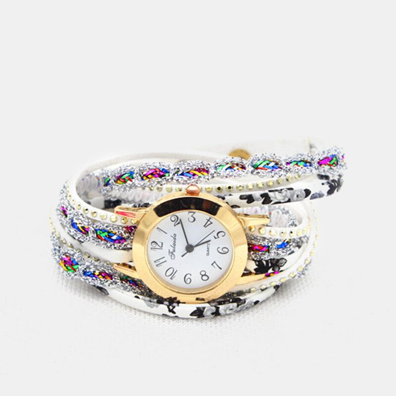 Deffrun Weinlese-bunte Druckfrauen-armband-uhr-mehrschichtige Metallrhinestone-pu-quarz-uhr