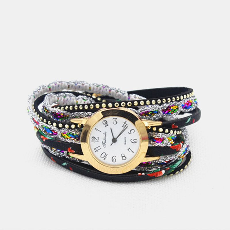 Deffrun Weinlese-bunte Druckfrauen-armband-uhr-mehrschichtige Metallrhinestone-pu-quarz-uhr