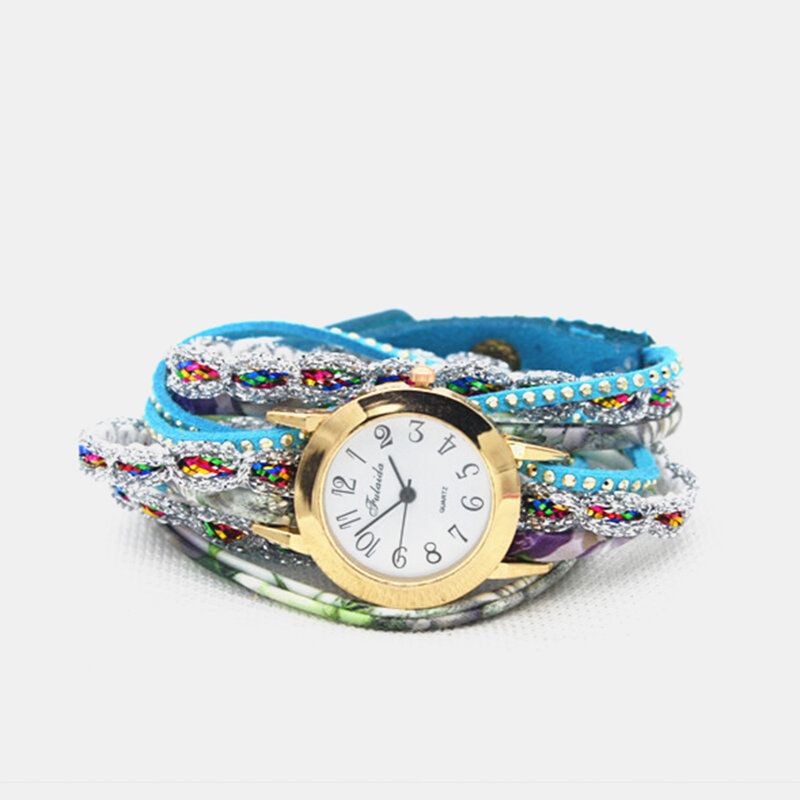 Deffrun Weinlese-bunte Druckfrauen-armband-uhr-mehrschichtige Metallrhinestone-pu-quarz-uhr