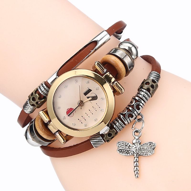 Deffrun Weinlese-mehrschichtige Frauen-armband-uhr-diamant-libelle-hängende Lederband-quarz-uhr