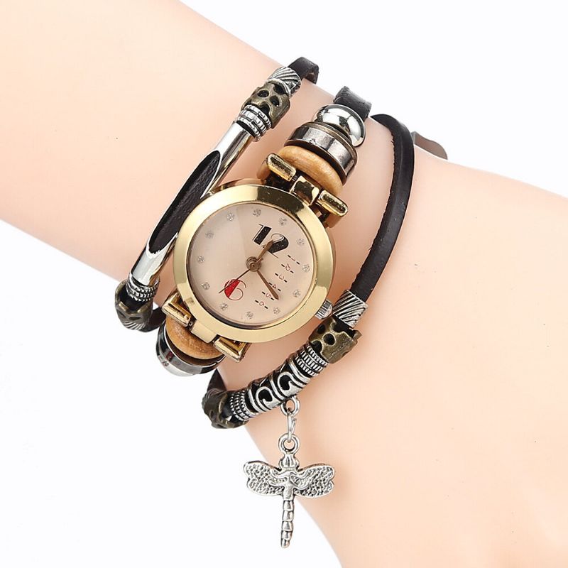 Deffrun Weinlese-mehrschichtige Frauen-armband-uhr-diamant-libelle-hängende Lederband-quarz-uhr