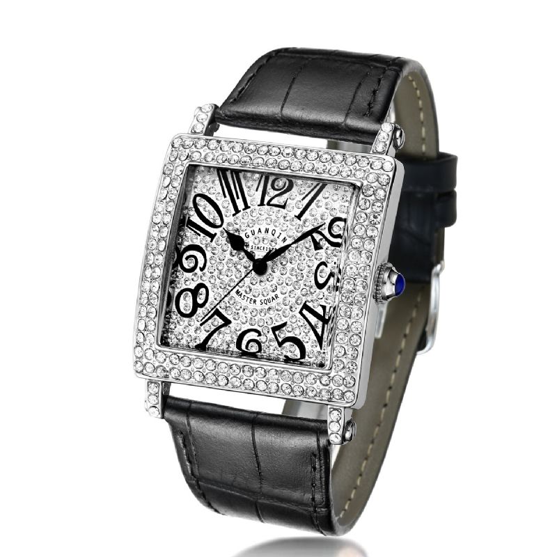 Diamond Rectangle Unisex-armbanduhr Ultradünne Quarzuhr Aus Echtem Leder Mit Band