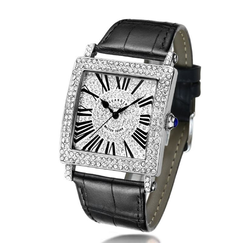 Diamond Rectangle Unisex-armbanduhr Ultradünne Quarzuhr Aus Echtem Leder Mit Band