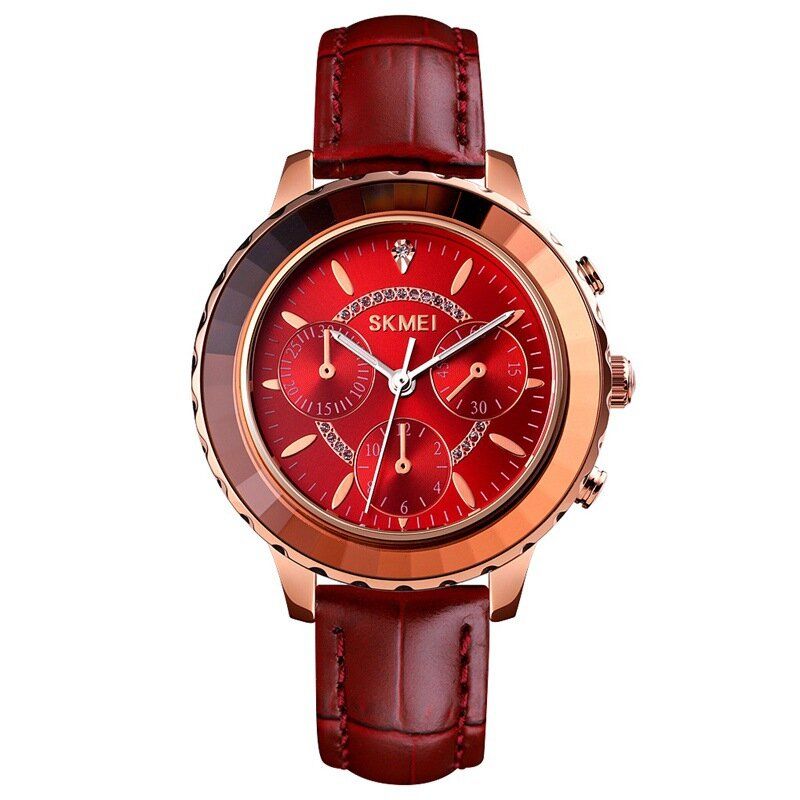 Drei Augen-elegante Entwurfs-frauen-armbanduhr-ultradünne Echtes Leder-band-quarz-uhr